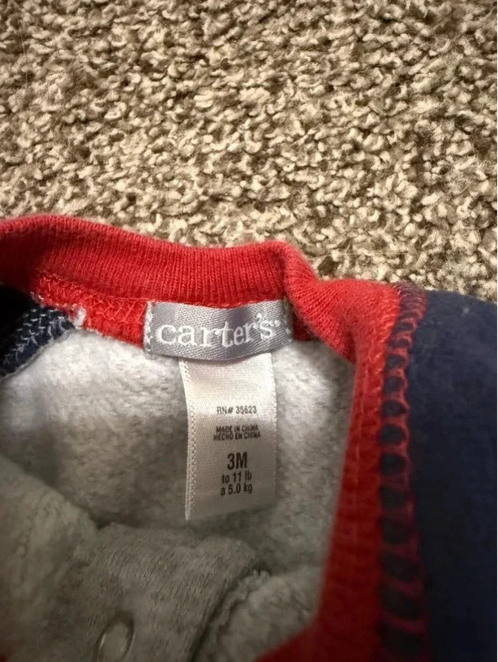 Vintage Carter’s Baby 3 Months Gray Bear Fleece One Piece Romper Red Navy
